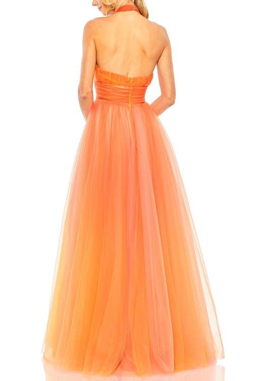 Mac Duggal Cross Front Tulle Ombre Cut-out Gown In Orange