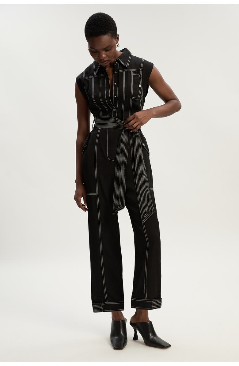 Karen Millen Premium Linen Woven Jumpsuit, Main, color, Black