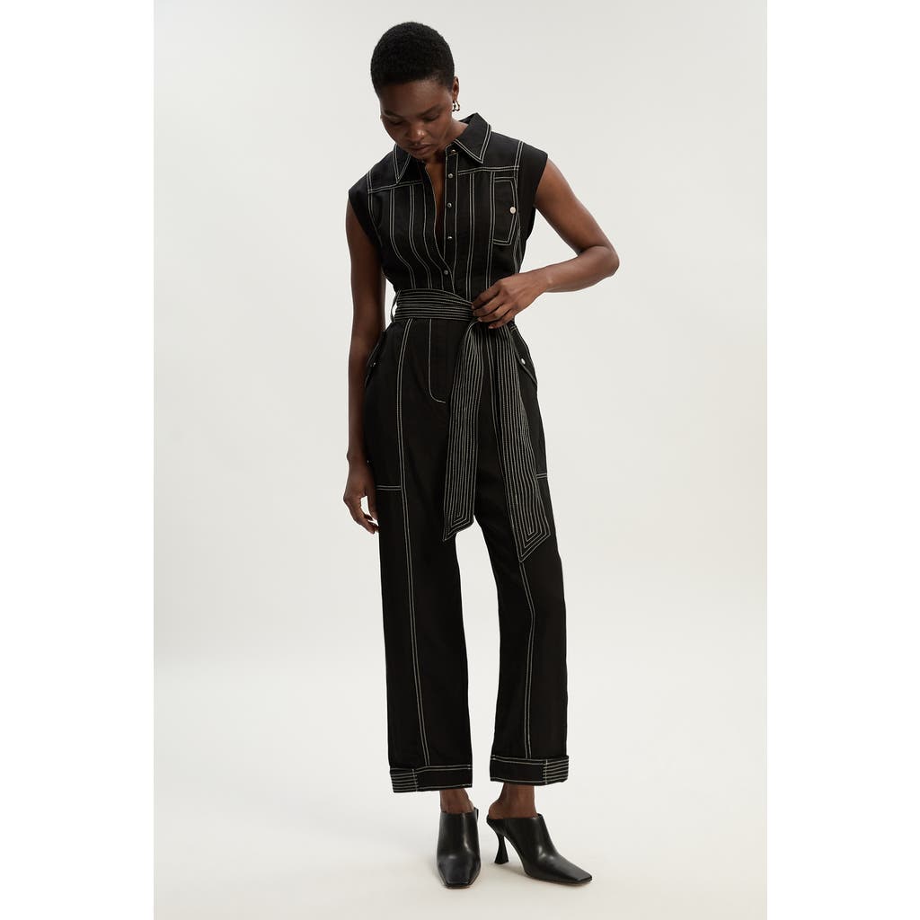 Karen Millen Premium Linen Woven Jumpsuit In Black