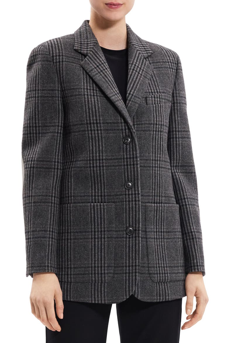 Plaid Elbow Patch Recycled Wool Blend Jacket, Alternate, color, CHARCOAL MULTI - QDY