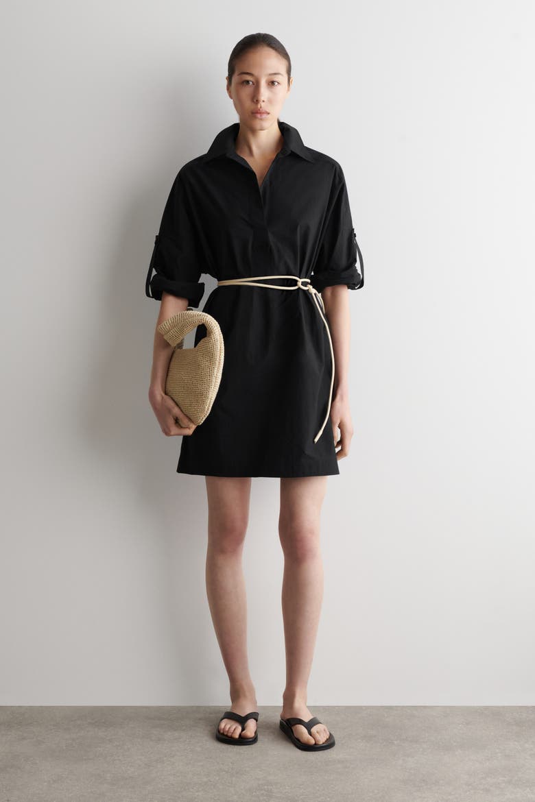 Cotton-poplin Short-sleeved Shirt Dress, Main, color, BLACK