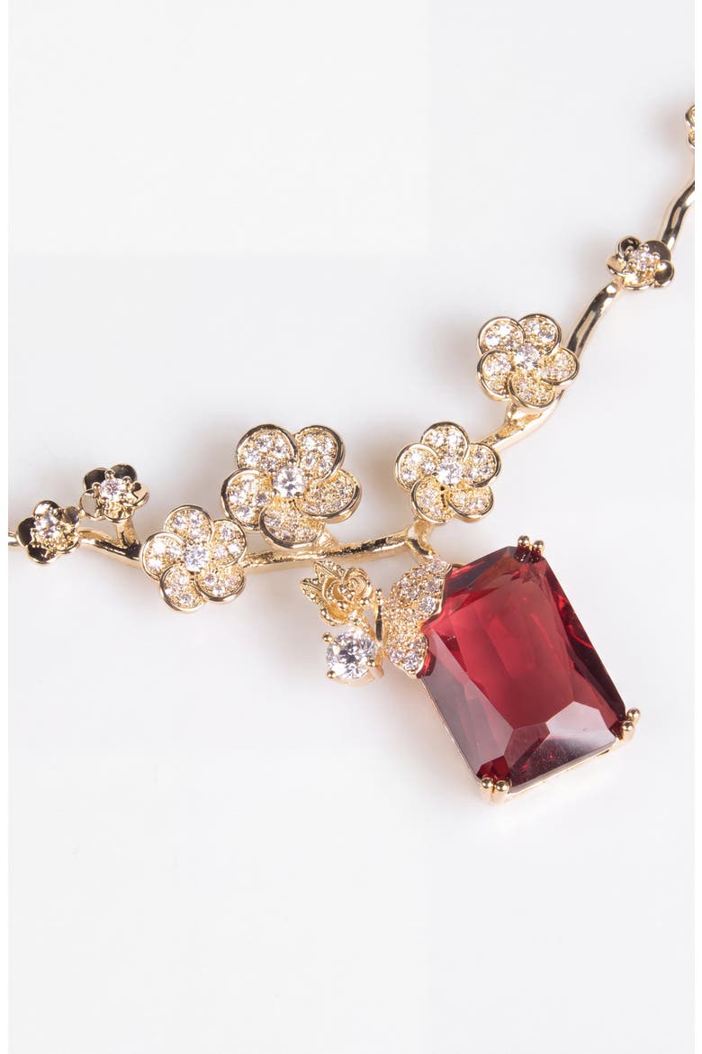 Floral Butterfly Stone Pendant Necklace And Earrings Jewelry Set, Alternate, color, Red