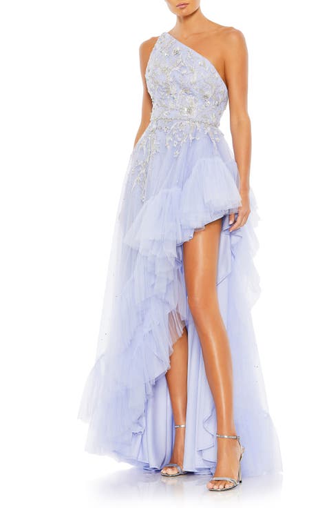 Rhinestone Embellished One Shoulder Asymmetrical Hem Gown