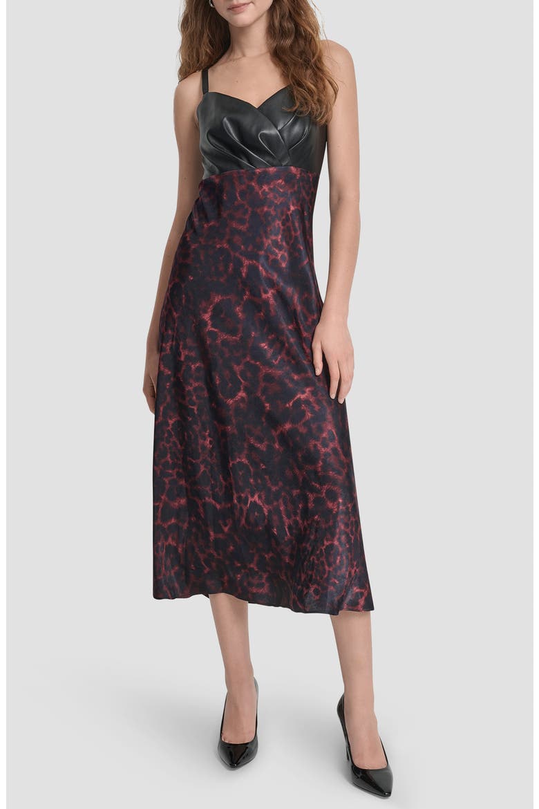 Faux Leather Mixed Media Midi Dress, Main, color, MERLOT CHEETAH