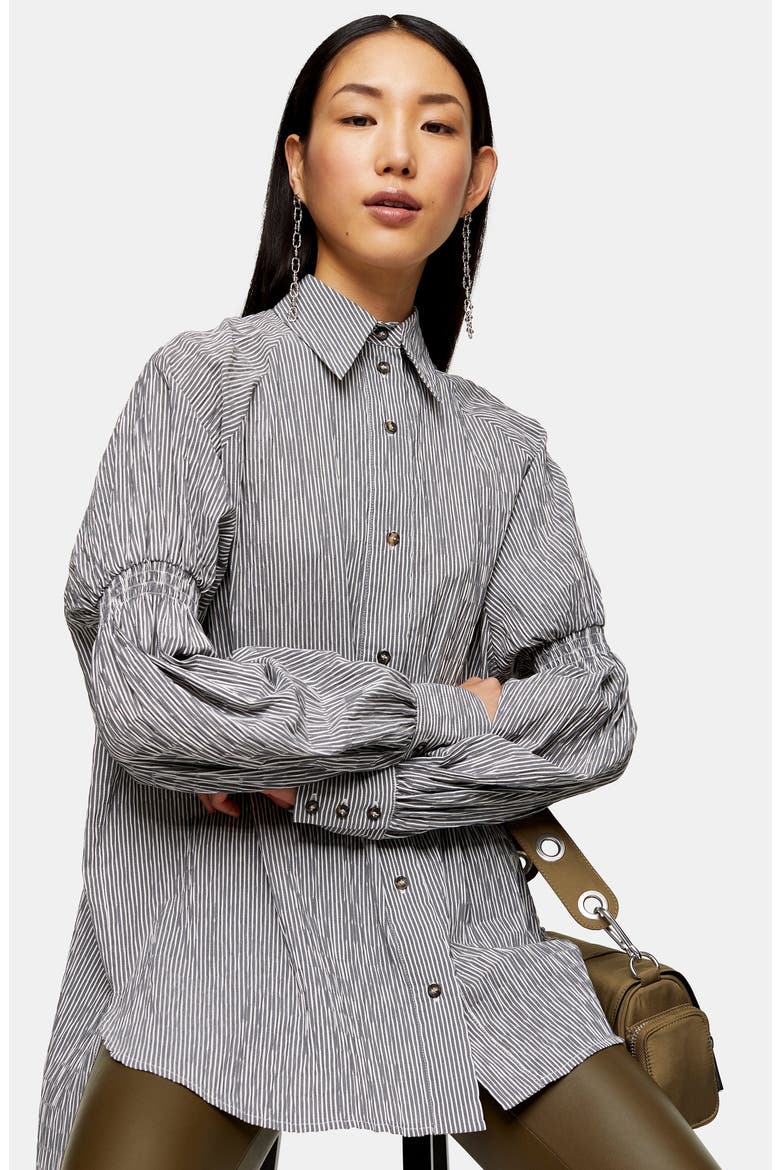 Oversize Stripe Texture Button-Up Shirt, Alternate, color, BLACK