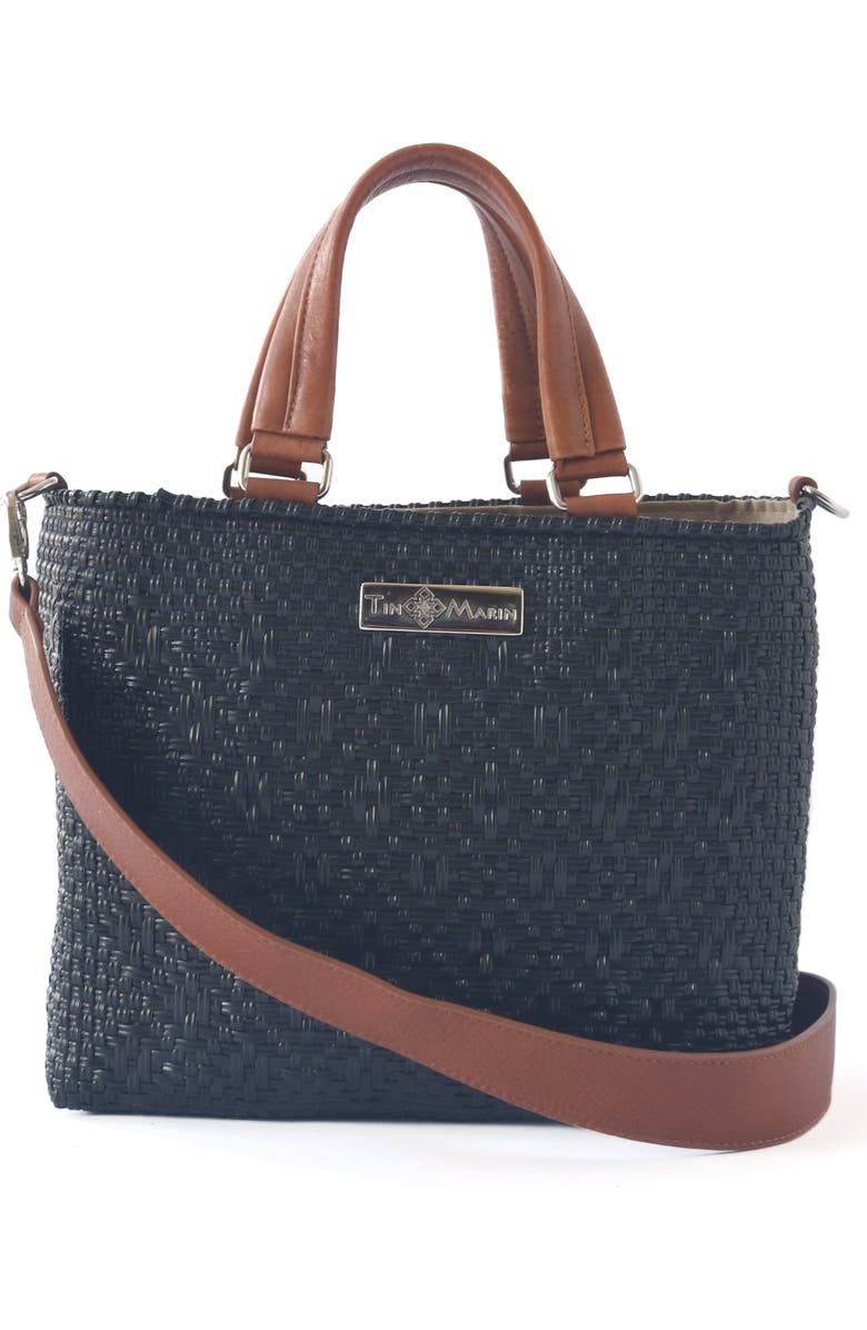 Tin Marin All Black Medium Woven Crossbody Drawstring Bag, Main, color, Tan Handle