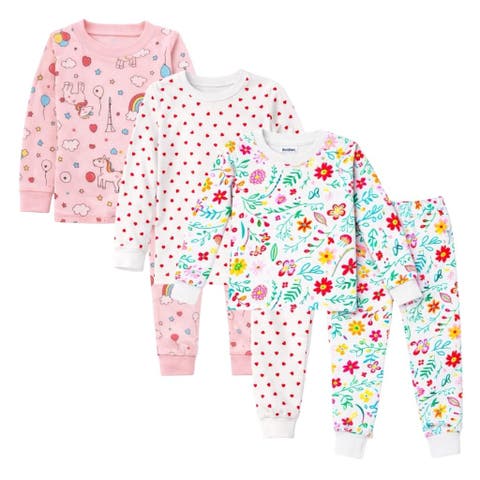Kids 3 Pack Pajamas Toddlers and Girls Snug Fitted Long Sleeve Sleepwear Sets