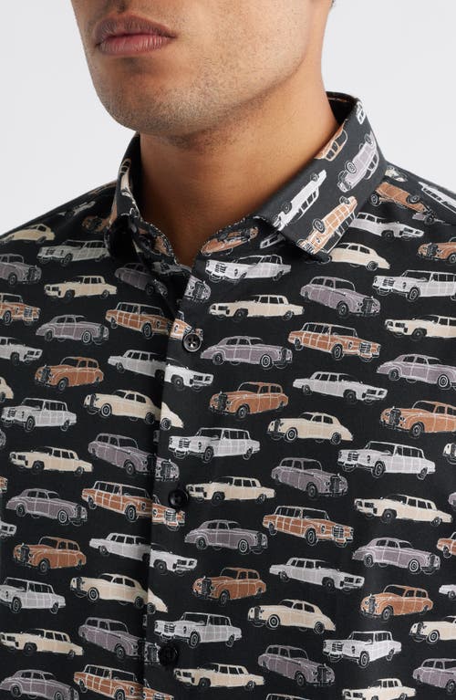 Stone Rose Ridin' Dirty Vintage Car Print Short Sleeve Stretch Cotton Blend Button-up Shirt