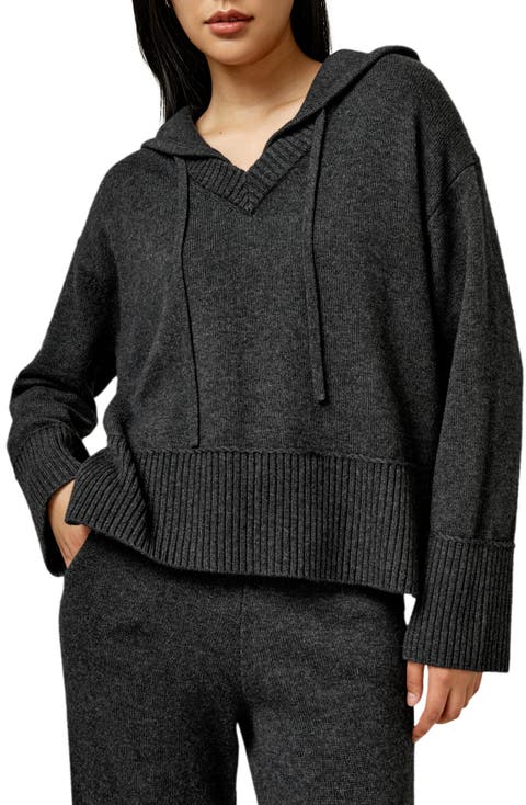 V Neck Wool-Cashmere Blend Hoodie for Women