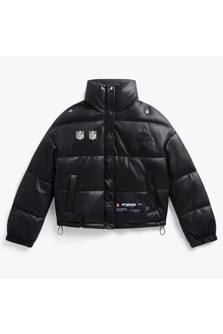 Women's  Black Detroit Lions Faux Leather Puffer Jacket, Main, color, Black