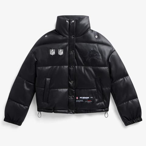 Women
s  Black Detroit Lions Faux Leather Puffer Jacket