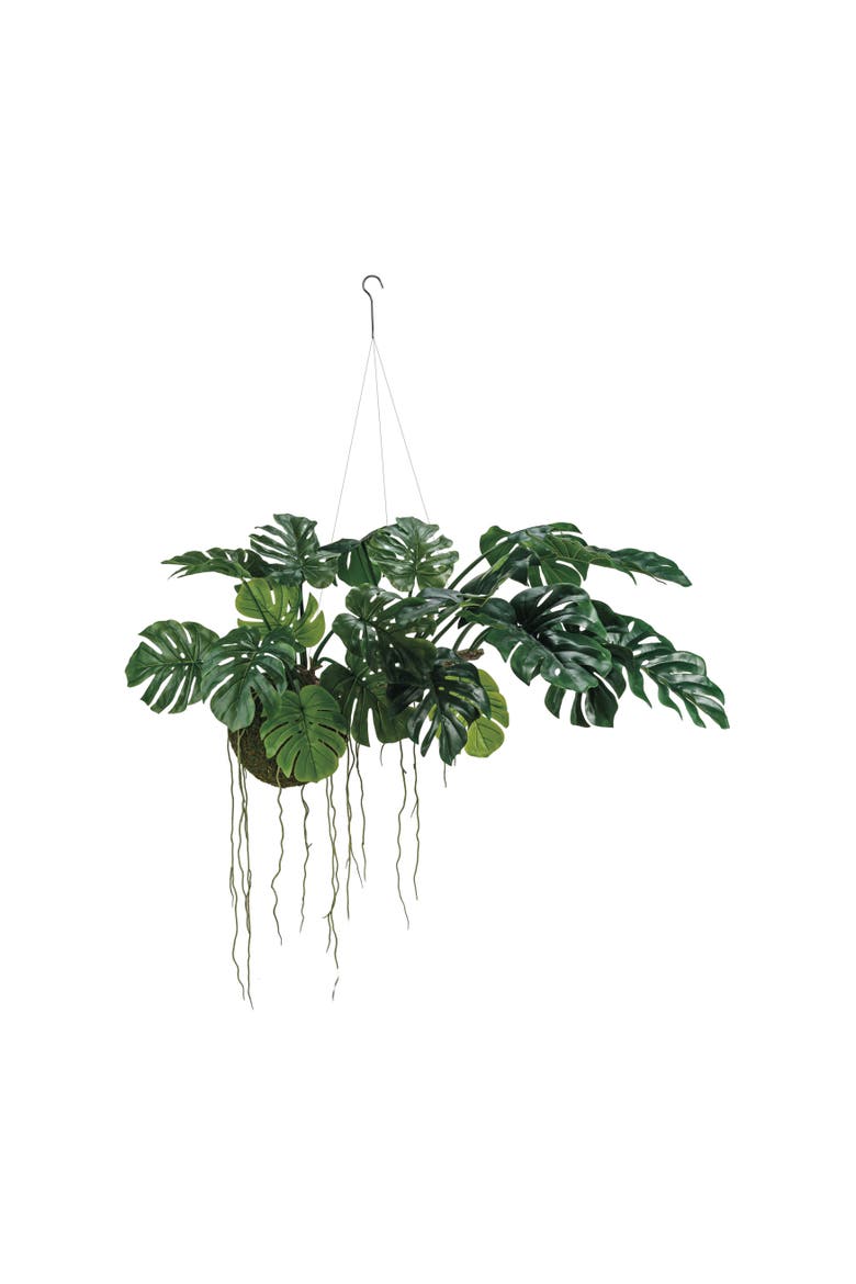 Hanging Faux Monstera Kokedama Plant, Main, color, Green