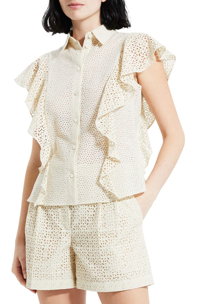 Theory Nova Flutter Sleeve Eyelet Cotton Blouse, Alternate, color, Ecru