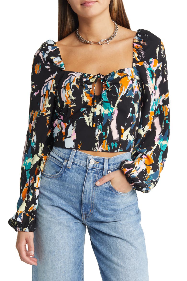 Ruched Long Sleeve Keyhole Crop Top, Main, color, BLACK - PINK BRUSHED COLOR