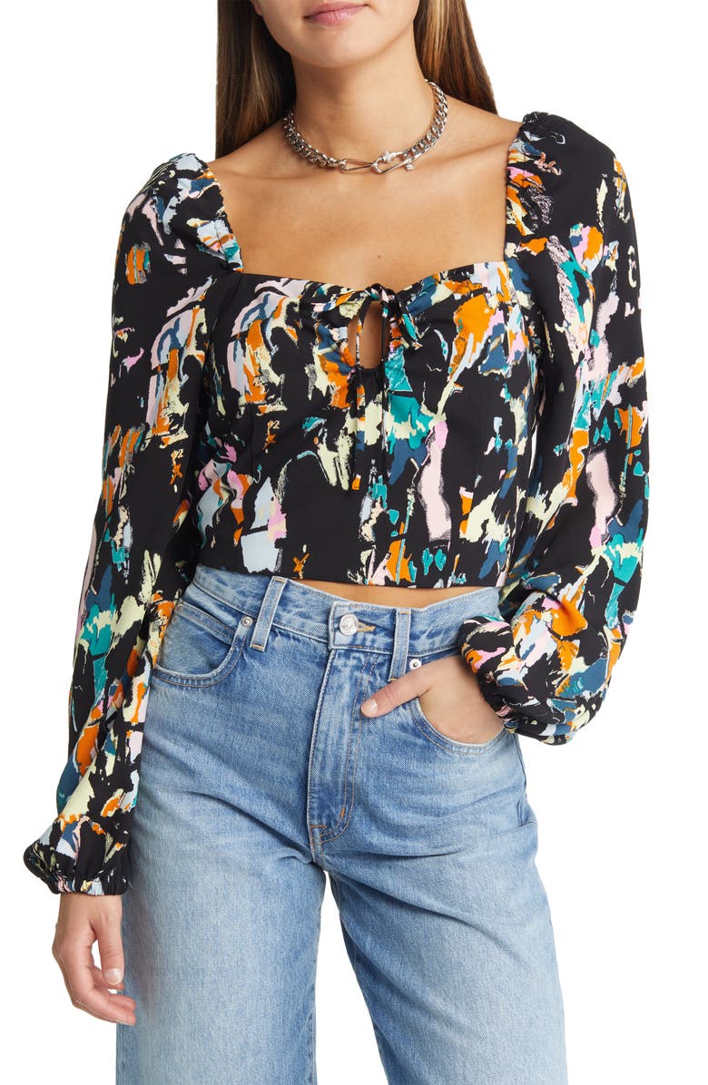 Open Edit Ruched Long Sleeve Keyhole Crop Top, Main, color, 