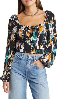 Open Edit Ruched Long Sleeve Keyhole Crop Top