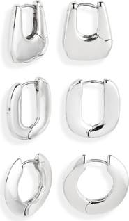 Open Edit Set of 3 Polished Huggie Hoop Earrings