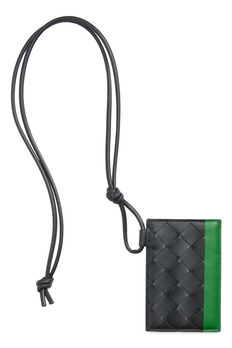 Intrecciato Leather Badge Holder, Main, color, 1278 BLACK/ SHAMROCK