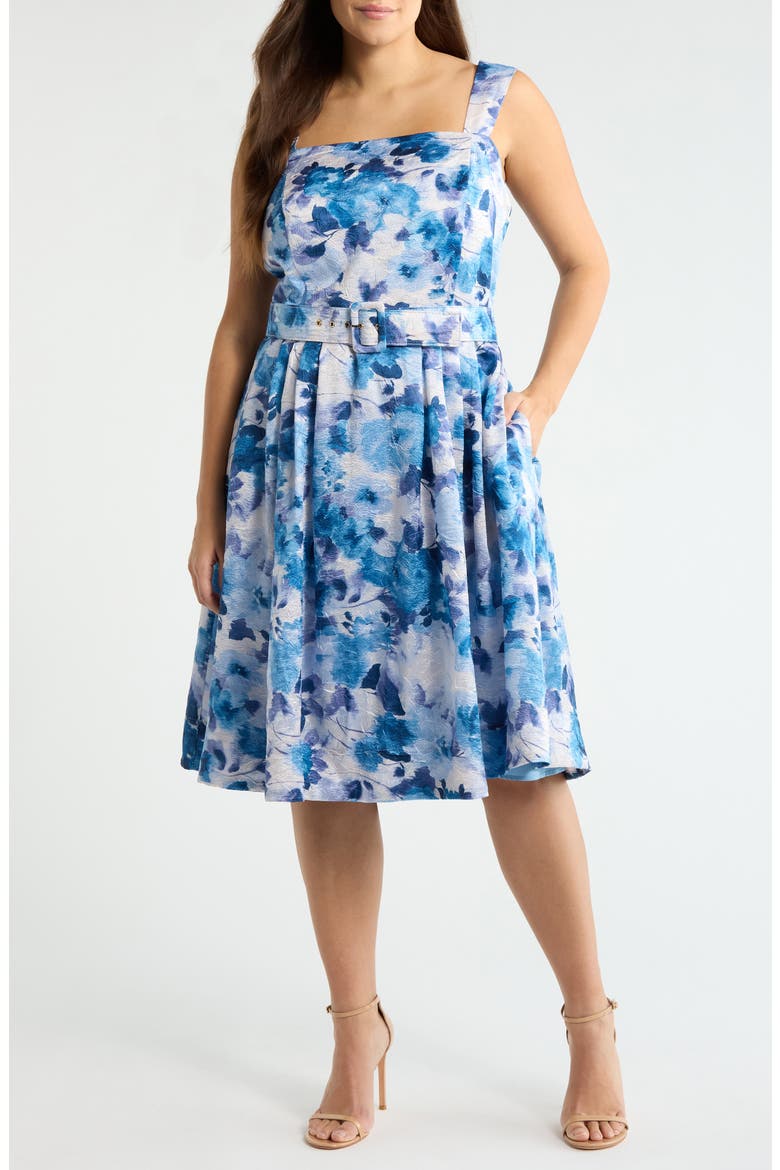 Floral Print Belted Sleeveless Dress, Main, color, BLUE MULTI