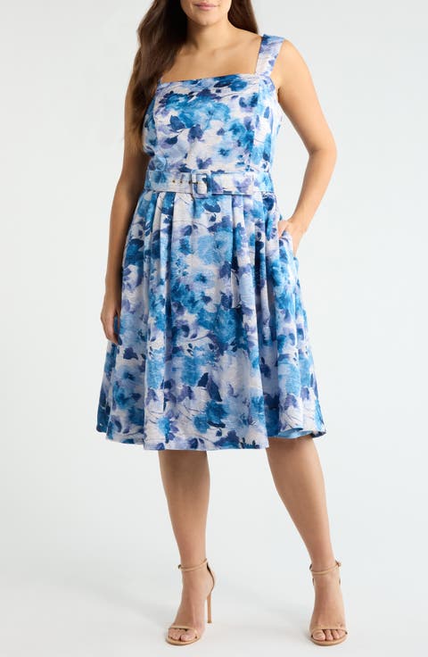 Floral Print Belted Sleeveless Dress (Plus)