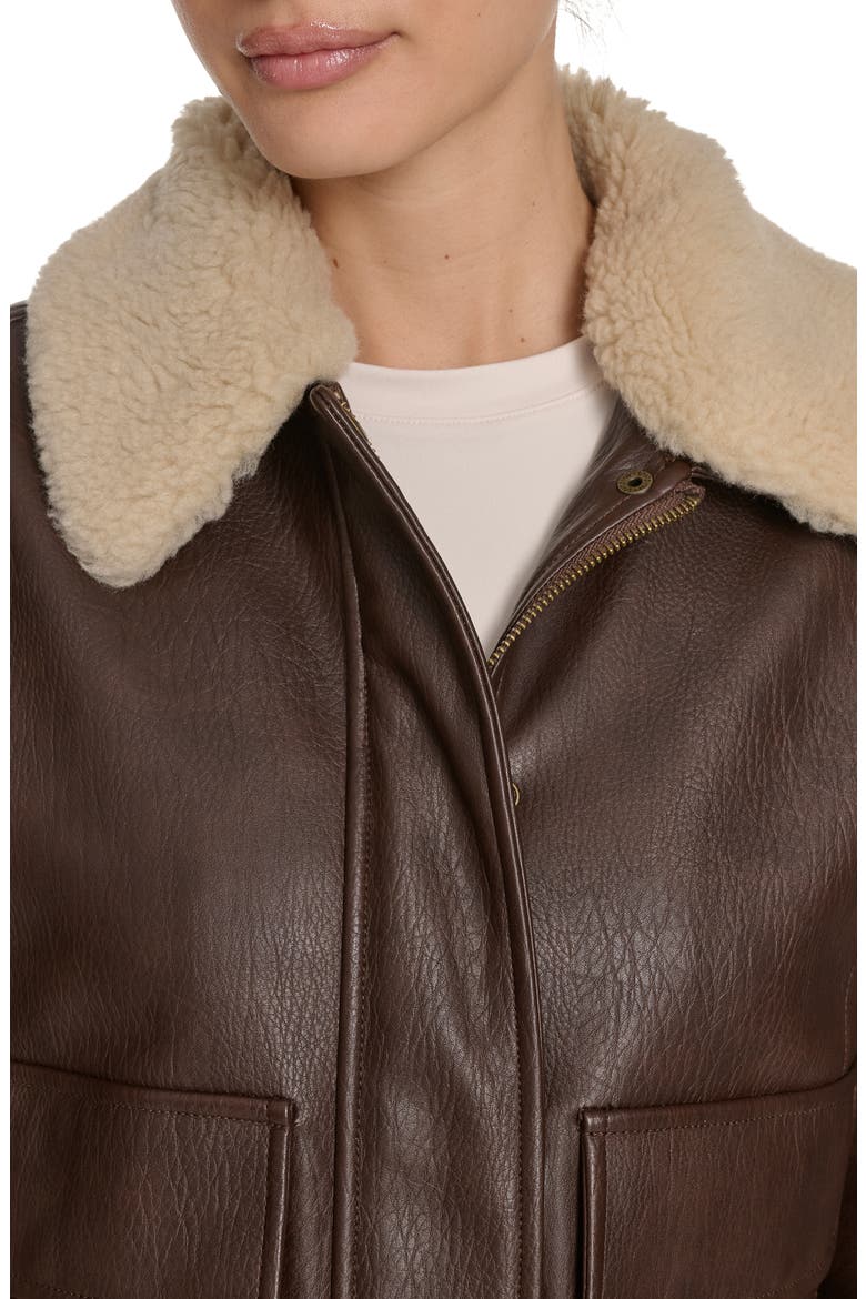 Faux Leather Aviator Jacket with High Pile Fleece Collar, Alternate, color, BROWN/ CREAM