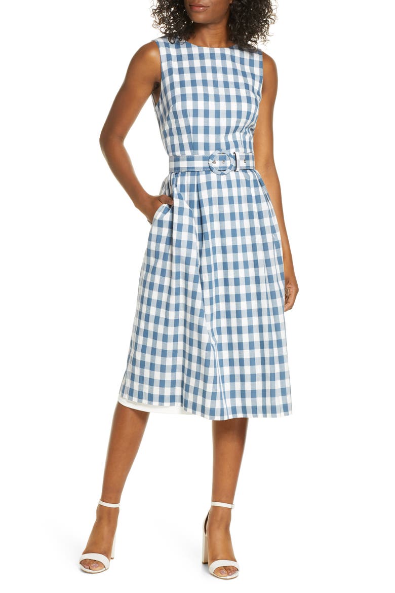 Sleeveless Cotton Gingham Dress, Main, color, IVORY/BLUE