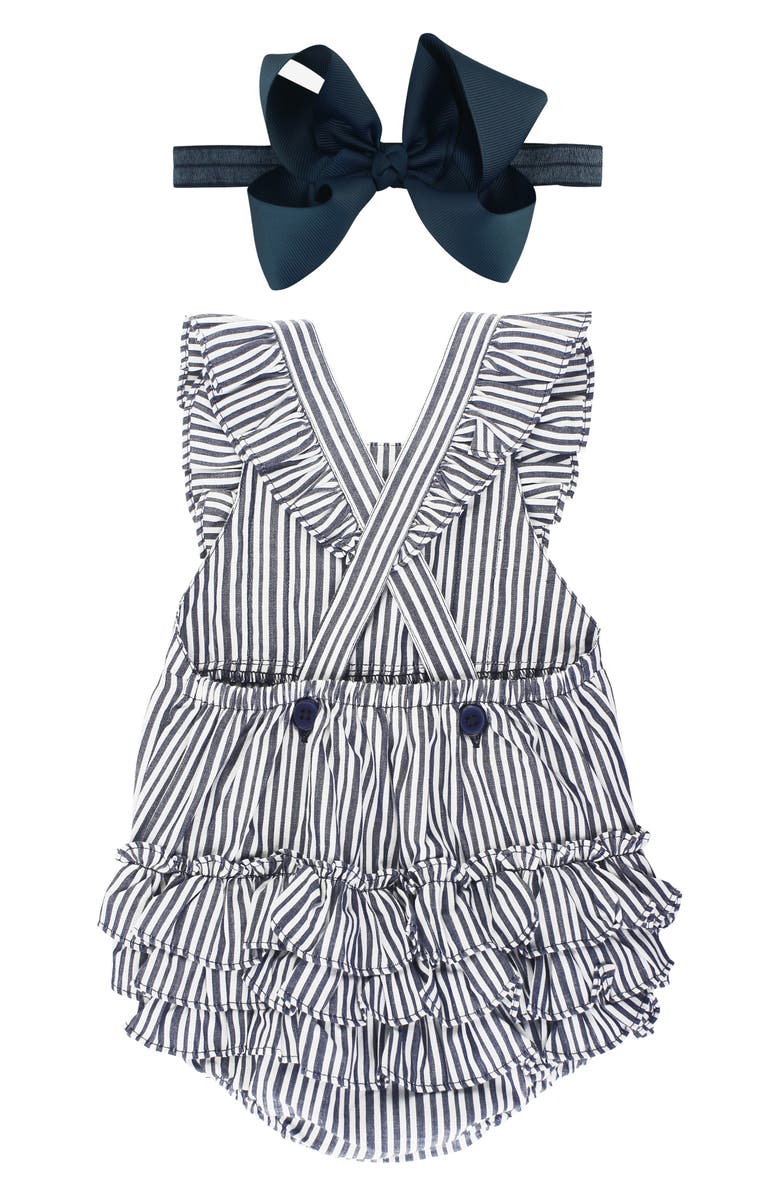 RuffleButts Stripe Bubble Romper & Bow Head Wrap Set, Alternate, color, 