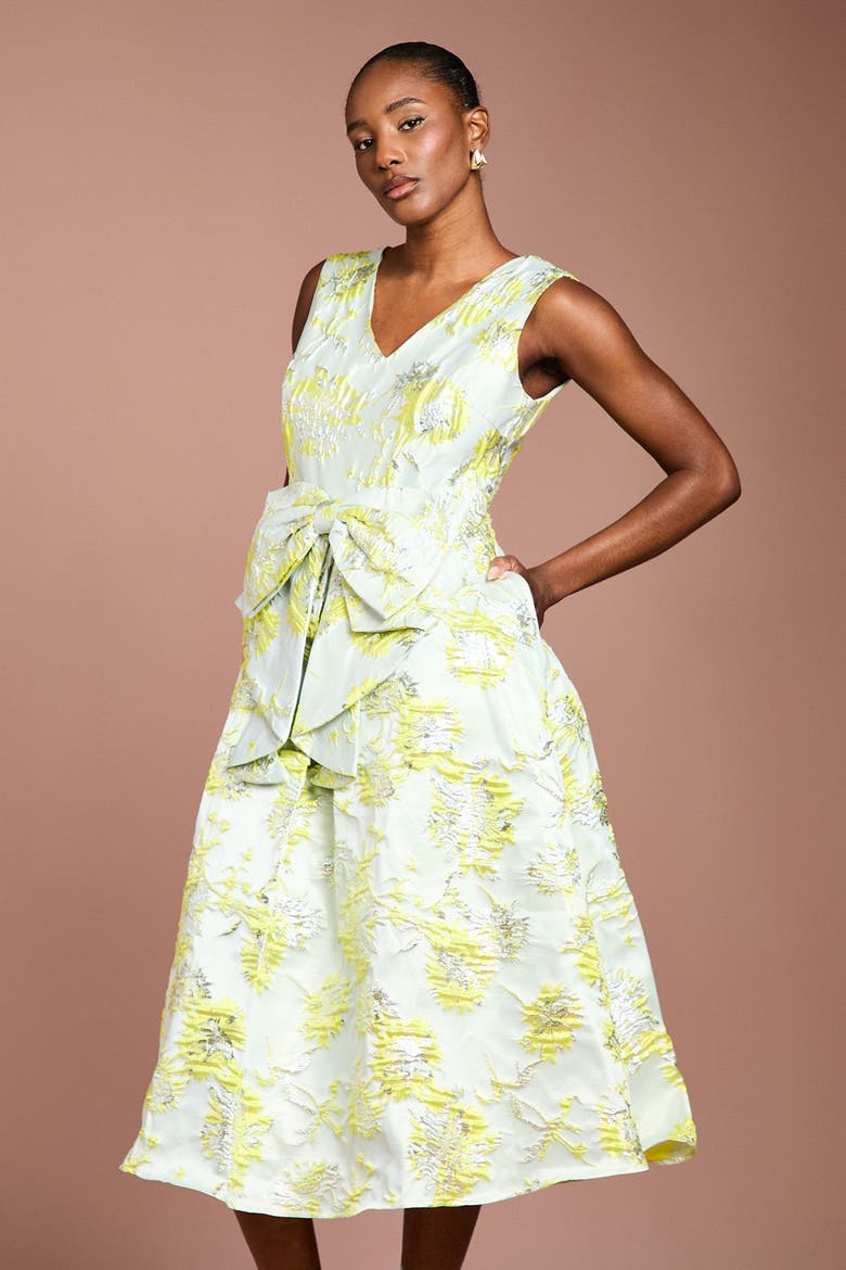 V-Neck Bow Jacquard Midi Dress, Alternate, color, Green