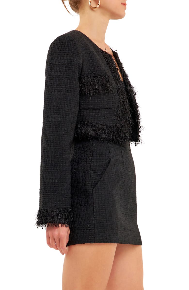 Endless Rose Feather Trim Tweed Crop Blazer, Alternate, color,