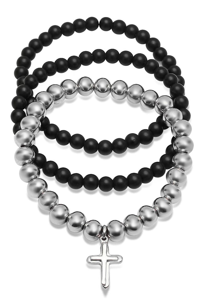 3-Tone Stainless Steel Cross Charm Beaded Bracelet - Set of 3, Main, color, BLACK-METALLIC