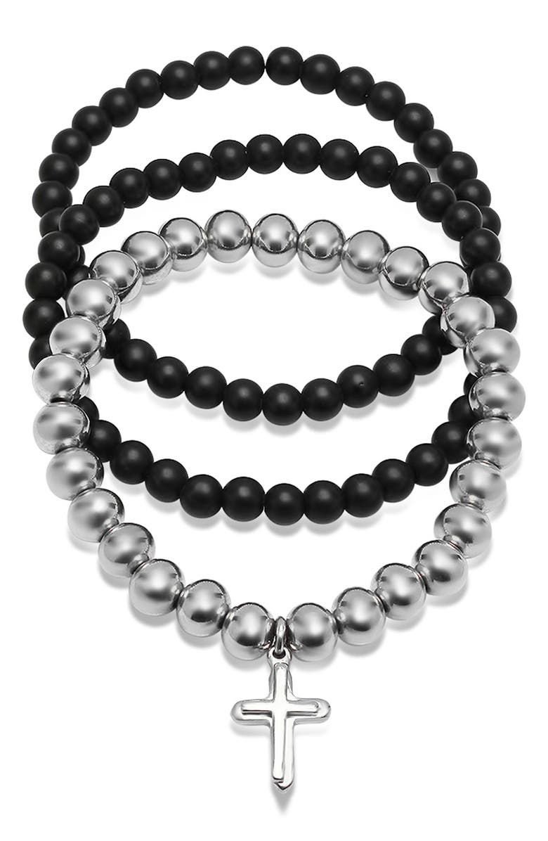 HMY JEWELRY 3-Tone Stainless Steel Cross Charm Beaded Bracelet - Set of 3, Main, color, Black-Metallic