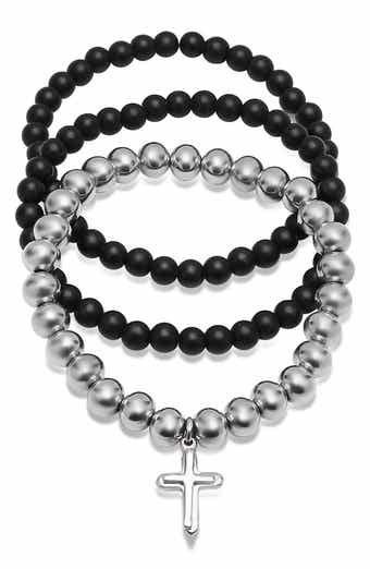 3-Tone Stainless Steel Cross Charm Beaded Bracelet - Set of 3