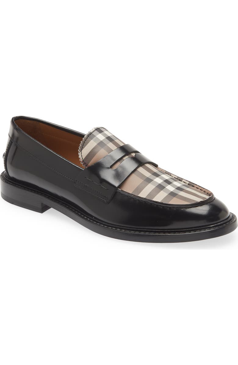 Burberry Croftwood Check Leather Penny Loafer, Main, color, Black