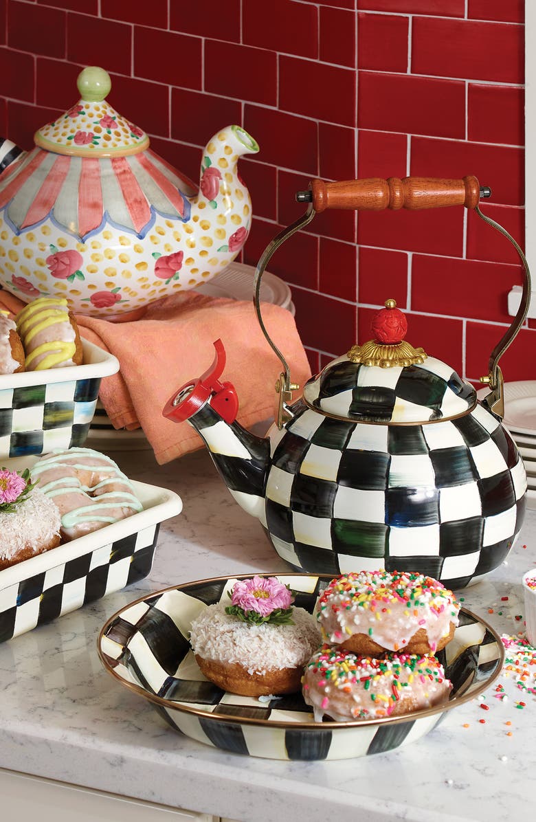 MACKENZIE CHILDS Courtly Check Enameled Steel Whistling Tea Kettle, Alternate, color, Black/ White