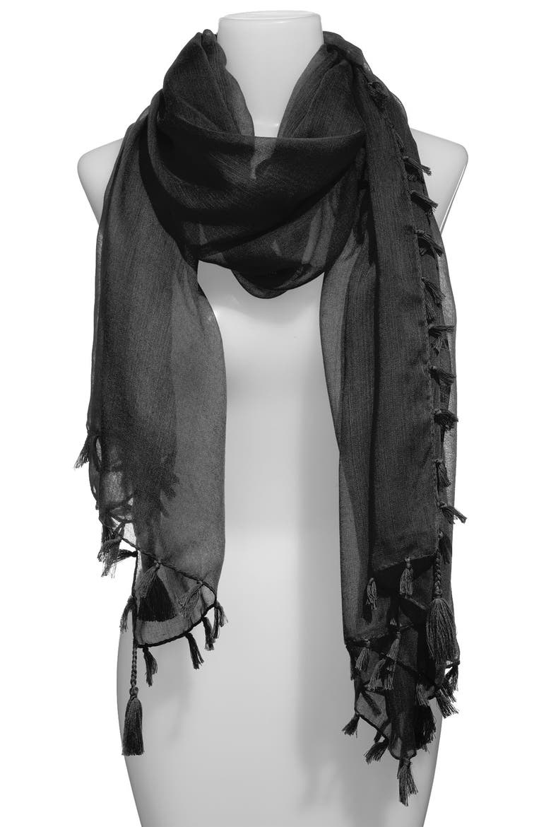 Sheer Fringed Scarf, Main, color, BLACK