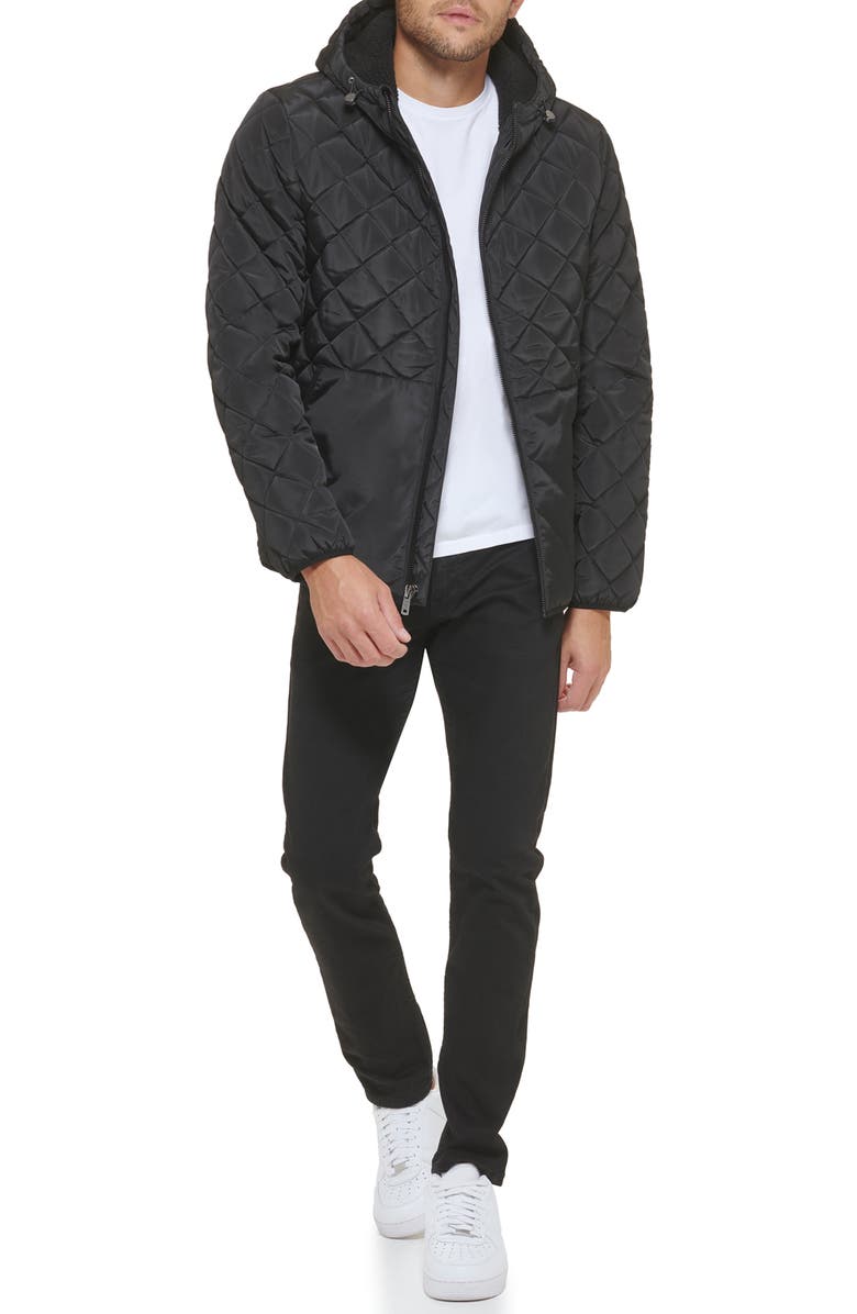 Kenneth Cole New York Faux Shearling Lined Hood Quilted Puffer Jacket, Alternate, color, Black