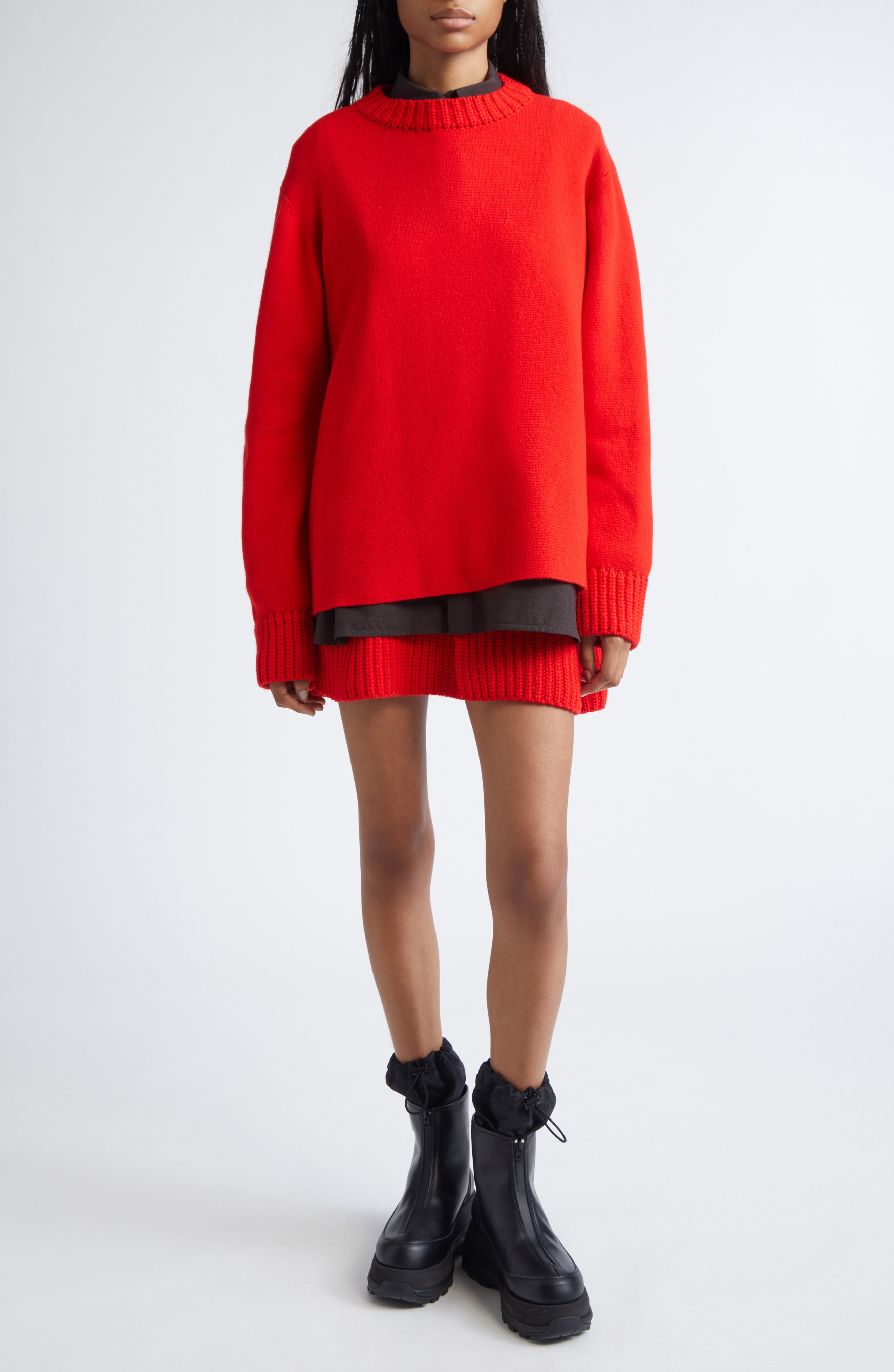 Mixed Media Long Sleeve Wool Suiting & Knit Sweater Dress