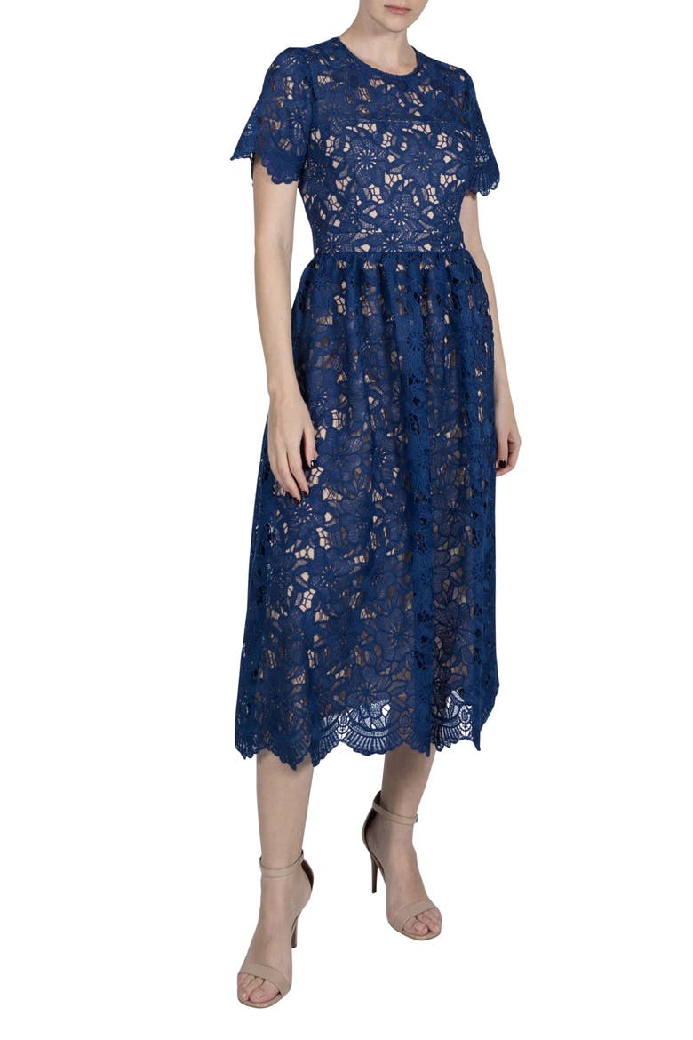 Floral Lace Cocktail Midi Dress, Main, color, NAVY
