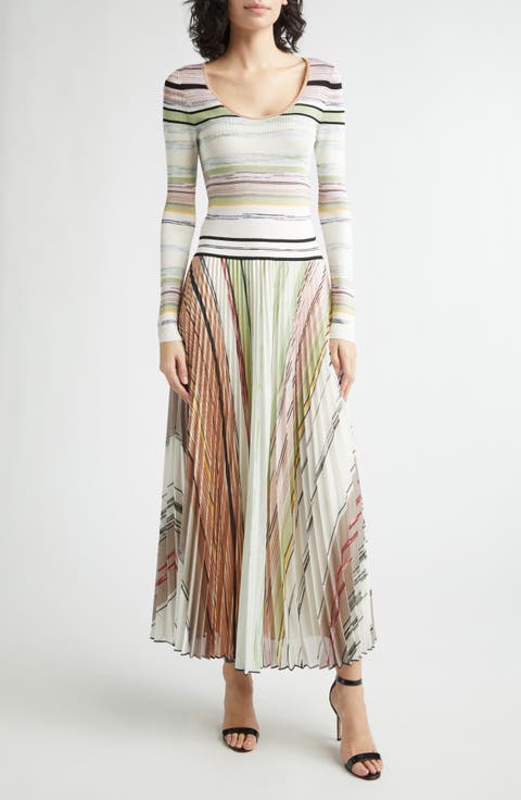 Flame Space Dye Stripe Pleated Long Sleeve Knit Dress