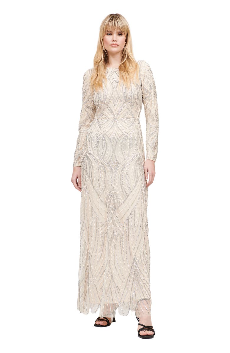 MARYISA Modest Embellished Sequin Beaded Maxi Dress, Main, color, Cream