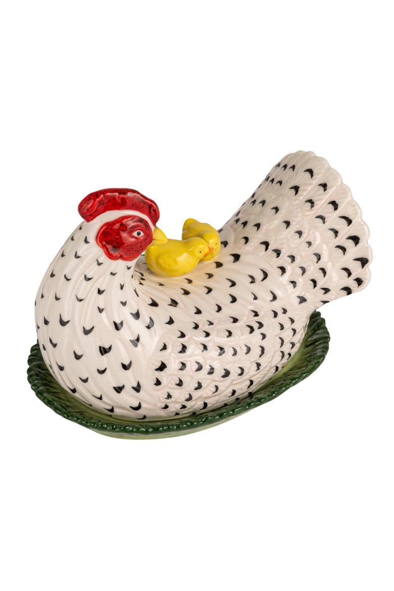 Vintage Reproduction Hen Shaped Butter Dish with Chicks, Main, color, White