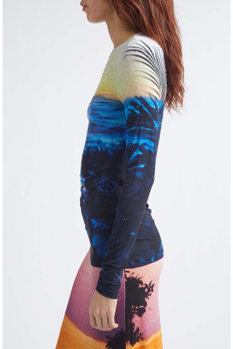 Crystal Embellished Tropical Print Jersey Top, Alternate, color, BIG TORNADO BLUE/ YELLOW