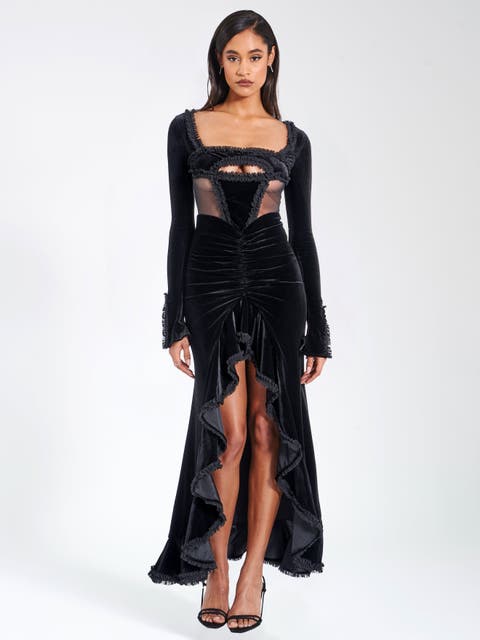 Maeve Velvet and Mesh Long Sleeve Maxi Dress