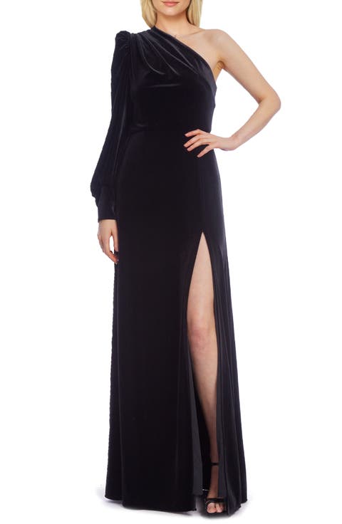 One-Shoulder Puff Sleeve Velvet Gown