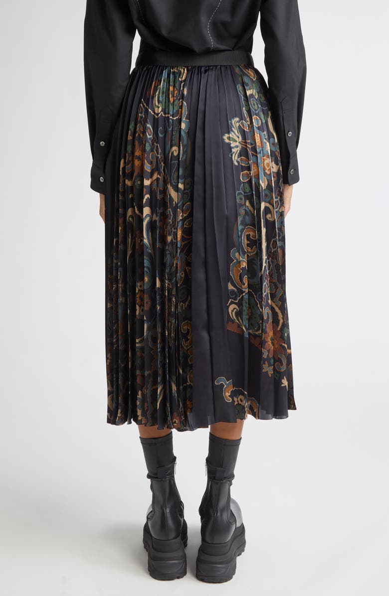 Sacai Floral Print Pleated Midi Skirt, Alternate, color, Navy