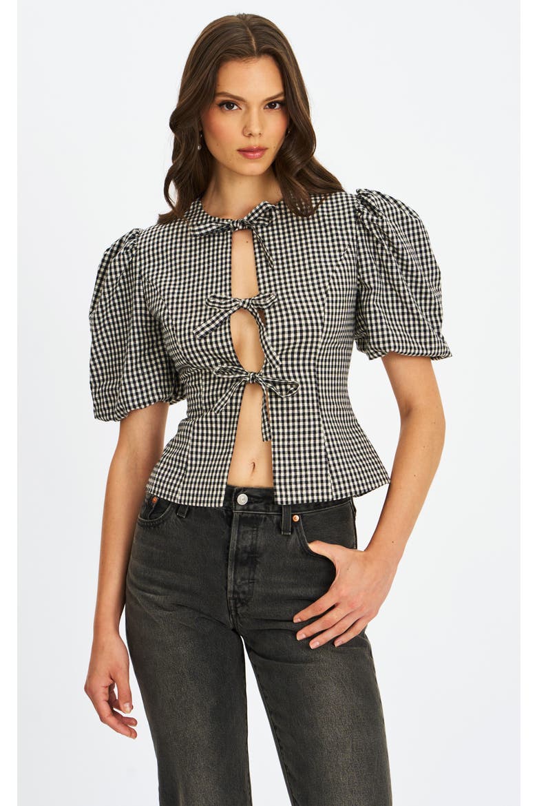 Qusayla Bow Tie Front Gingham Puff Sleeve Top, Main, color, Black