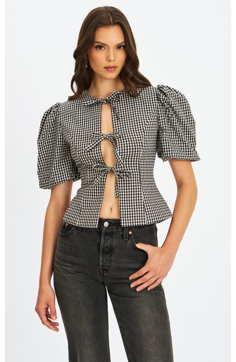 Miss Circle Qusayla Bow Tie Front Gingham Puff Sleeve Top, Main, color, Black