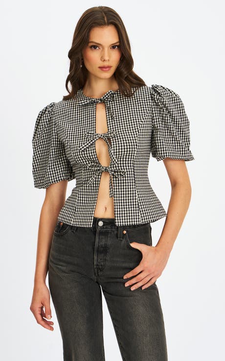 Qusayla Bow Tie Front Gingham Puff Sleeve Top