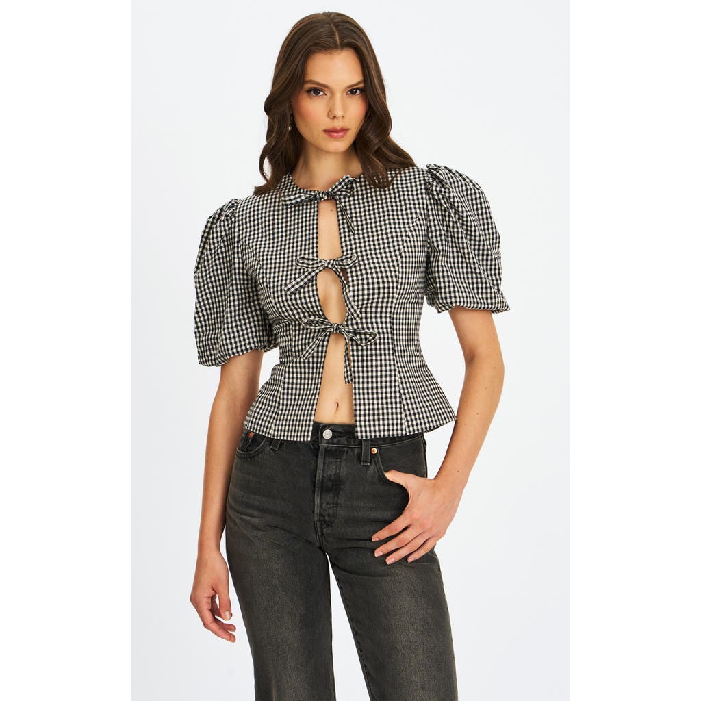 Miss Circle Qusayla Bow Tie Front Gingham Puff Sleeve Top In Animal Print