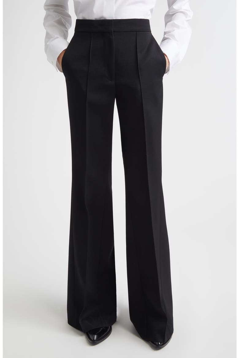 Pintucked Wool Grain de Poudre Flare Trousers, Alternate, color, BLACK